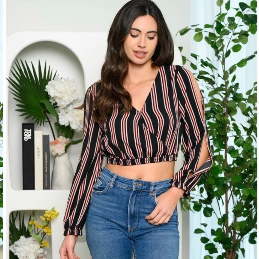 Women’s long sleeve shirt wrap top with open shoulders, NWT​​​​​